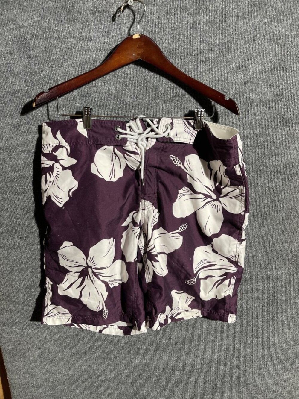 Gap Swim Trunks Mens Large Purple White Floral Board Shorts Hawaiian Polyester